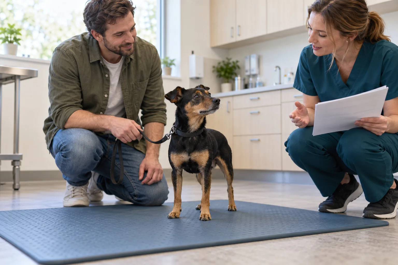 Owner and veterinary professional discussing a folder beside a small dog