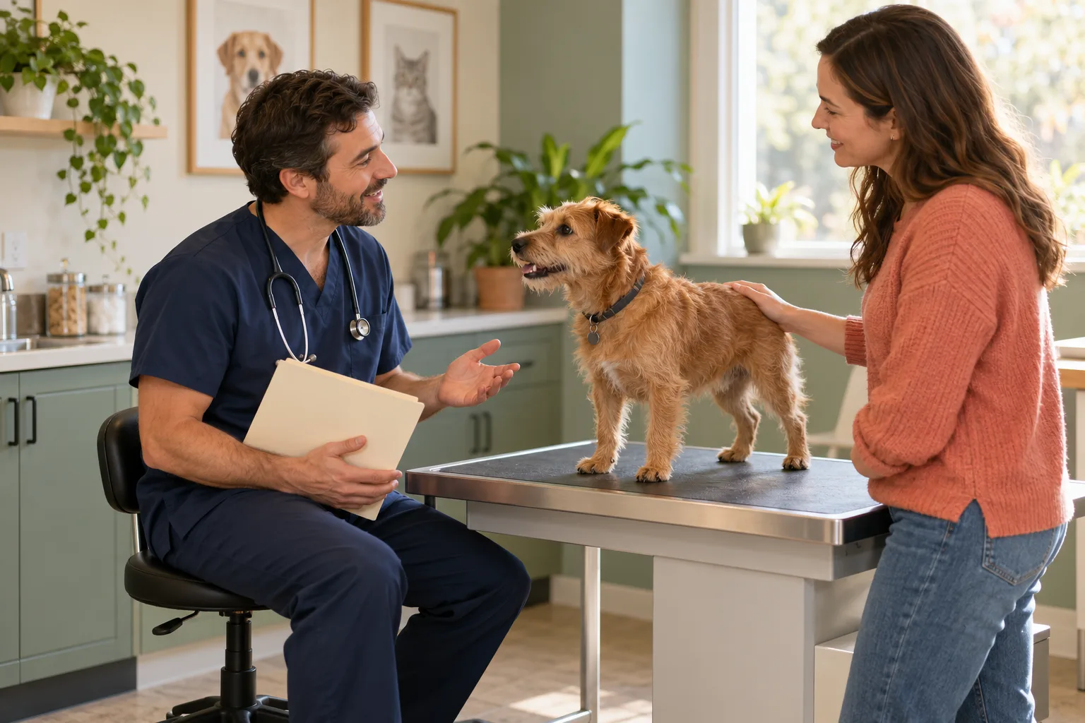 Veterinary professional discussing a dog’s care with its owner